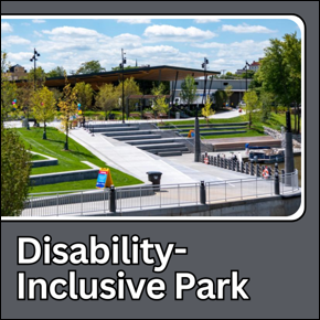 Disability-Inclusive Park. Promenade Park; with an ramp that leads up to a building